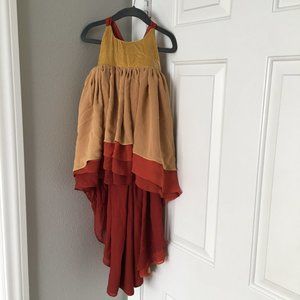 Pleiades gold velvet top, gold & rust chiffon layered skirt, adjustable straps
